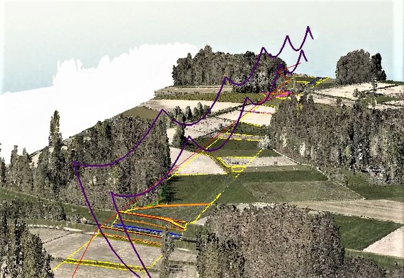 Flythrough einer Trasse (gelb) mit Hochspannungsleitung (violett)